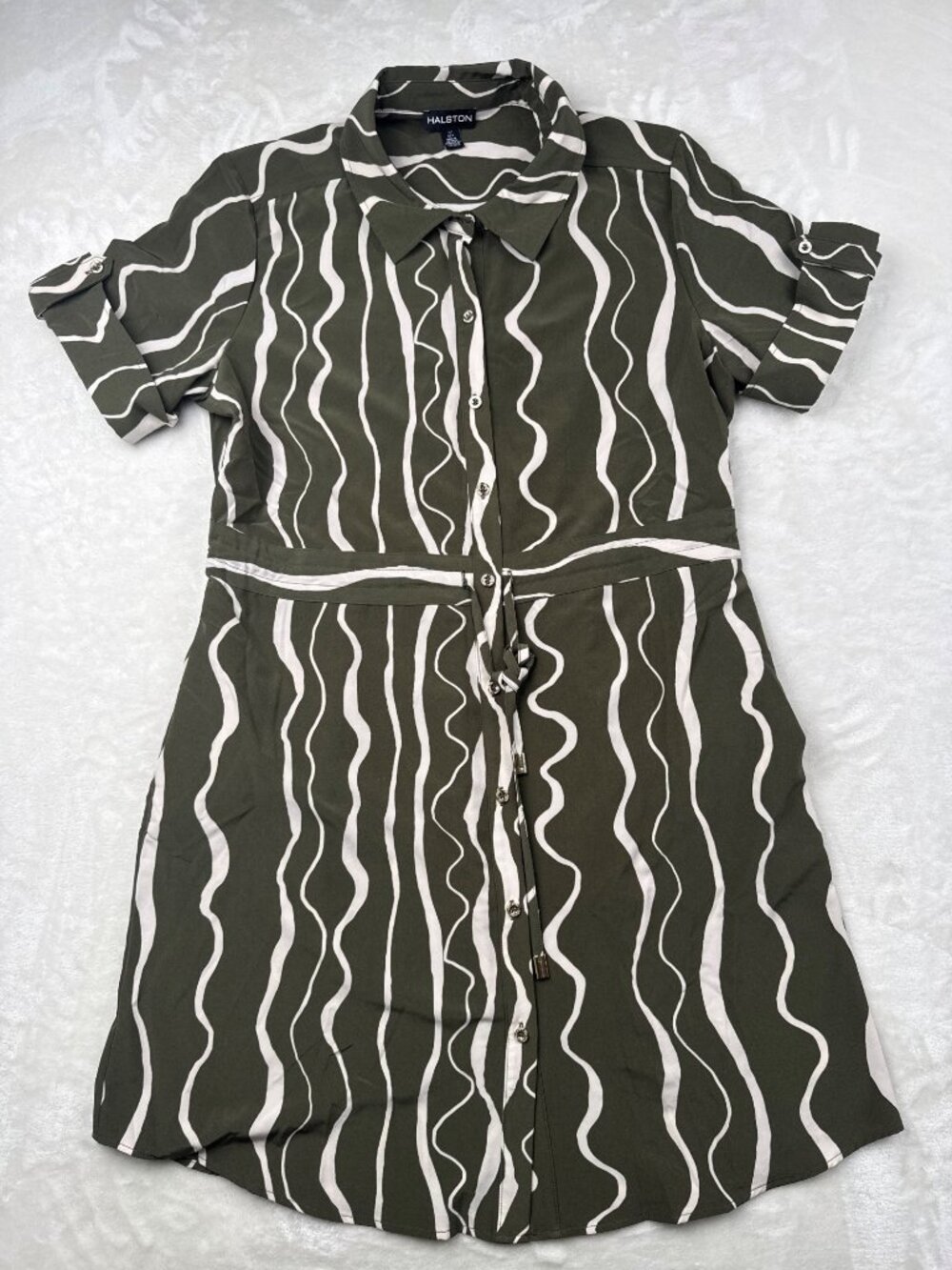 Halston Womens Green & White Abstract Print Button-Down Dress Size L